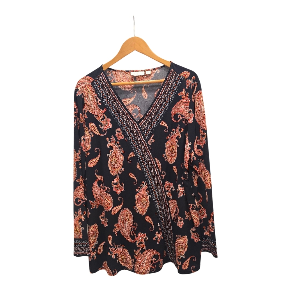 Belle by Kim Gravel Black and Orange Paisley V-Neck Blouse